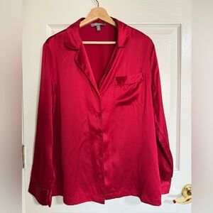 Neiman Marcus Intimates 100% SILK Red Pajama Top Blouse L  Button Down Holiday